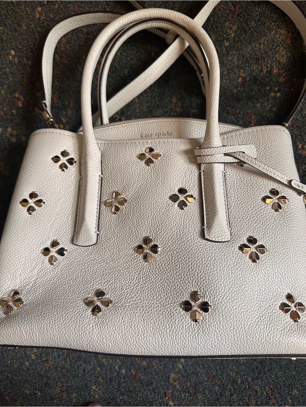 kate spade White Pebbled Leather Satchel with Gold Floral Cutouts